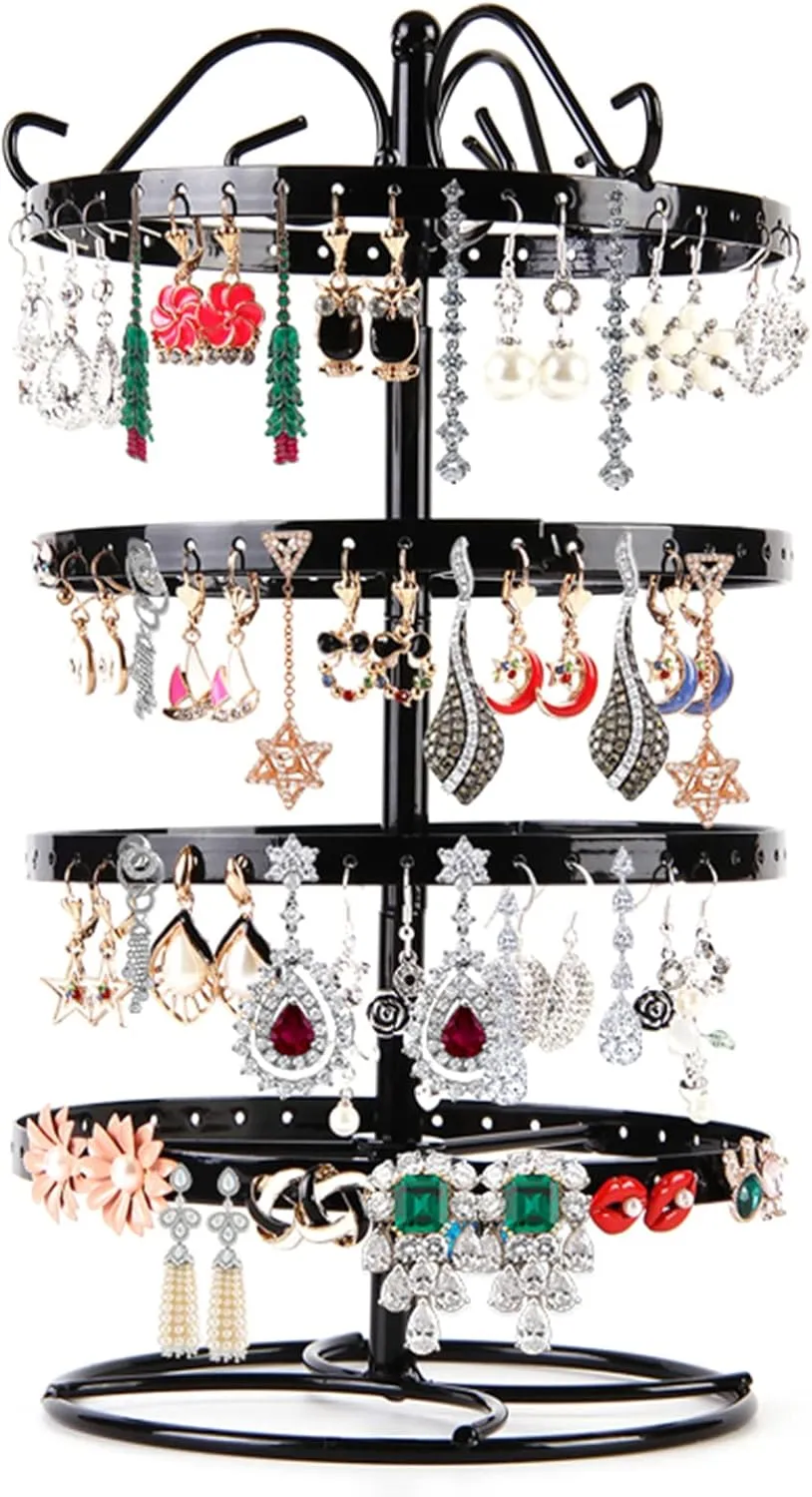4-Layer Rotating 168-Hole Earring Holder, Musical Jewelry Box for Girls, Travel Jewelry Organizer - Black