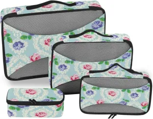4 Pcs Travel Packing Cubes for Suitcases Vintage Purple Red Roses Flowers Travel Packing Cubes Visible Luggage Cubes Organizers Suitcase Organizer Bags Set