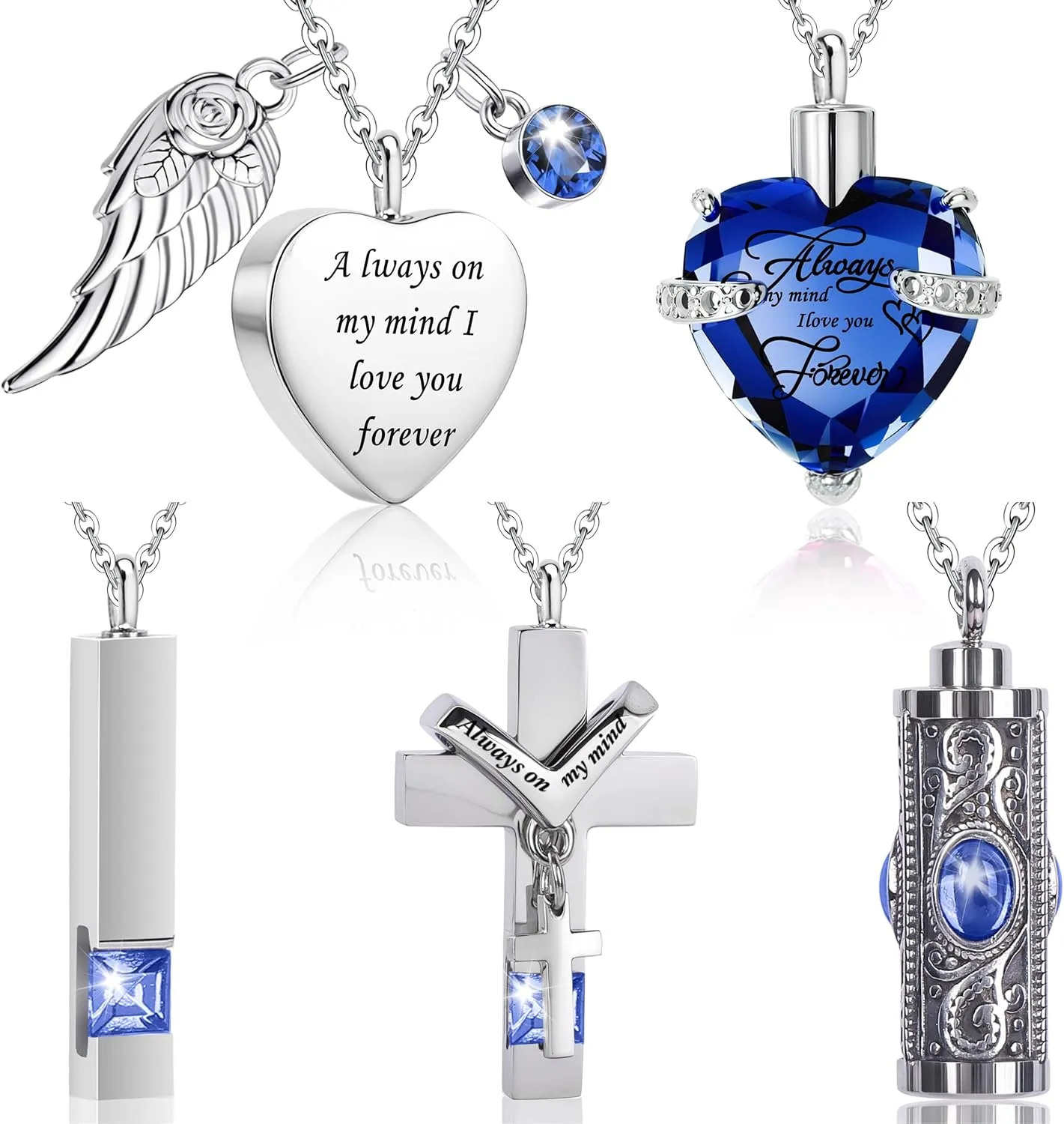 5 Pcs Urn Necklaces for Ashes Keepsake Memorial Jewelry, Stainless Steel Heart Cross Cremation Pendant Ashes Keepsake Necklace for Women Men Loved Ones, Memorial Ash Locket, 5 Unique Styles