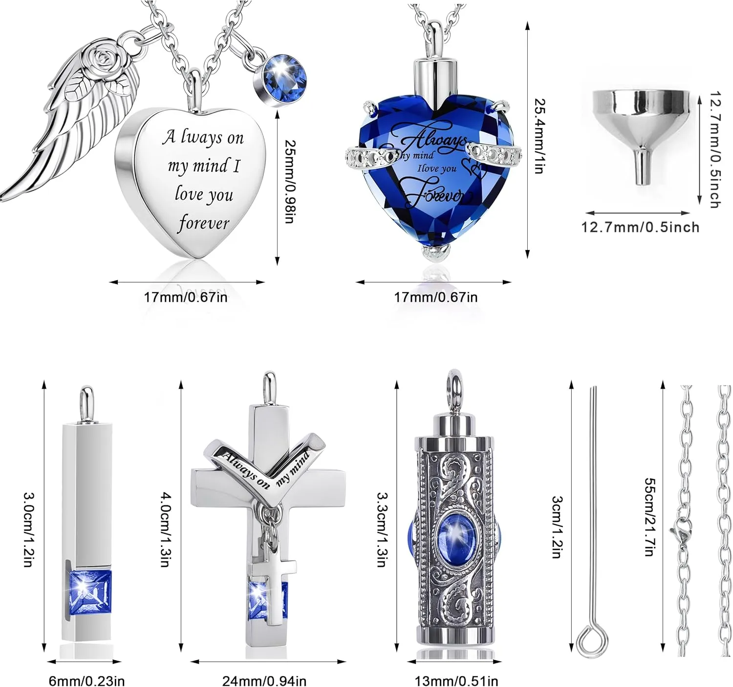 5 Pcs Urn Necklaces for Ashes Keepsake Memorial Jewelry, Stainless Steel Heart Cross Cremation Pendant Ashes Keepsake Necklace for Women Men Loved Ones, Memorial Ash Locket, 5 Unique Styles