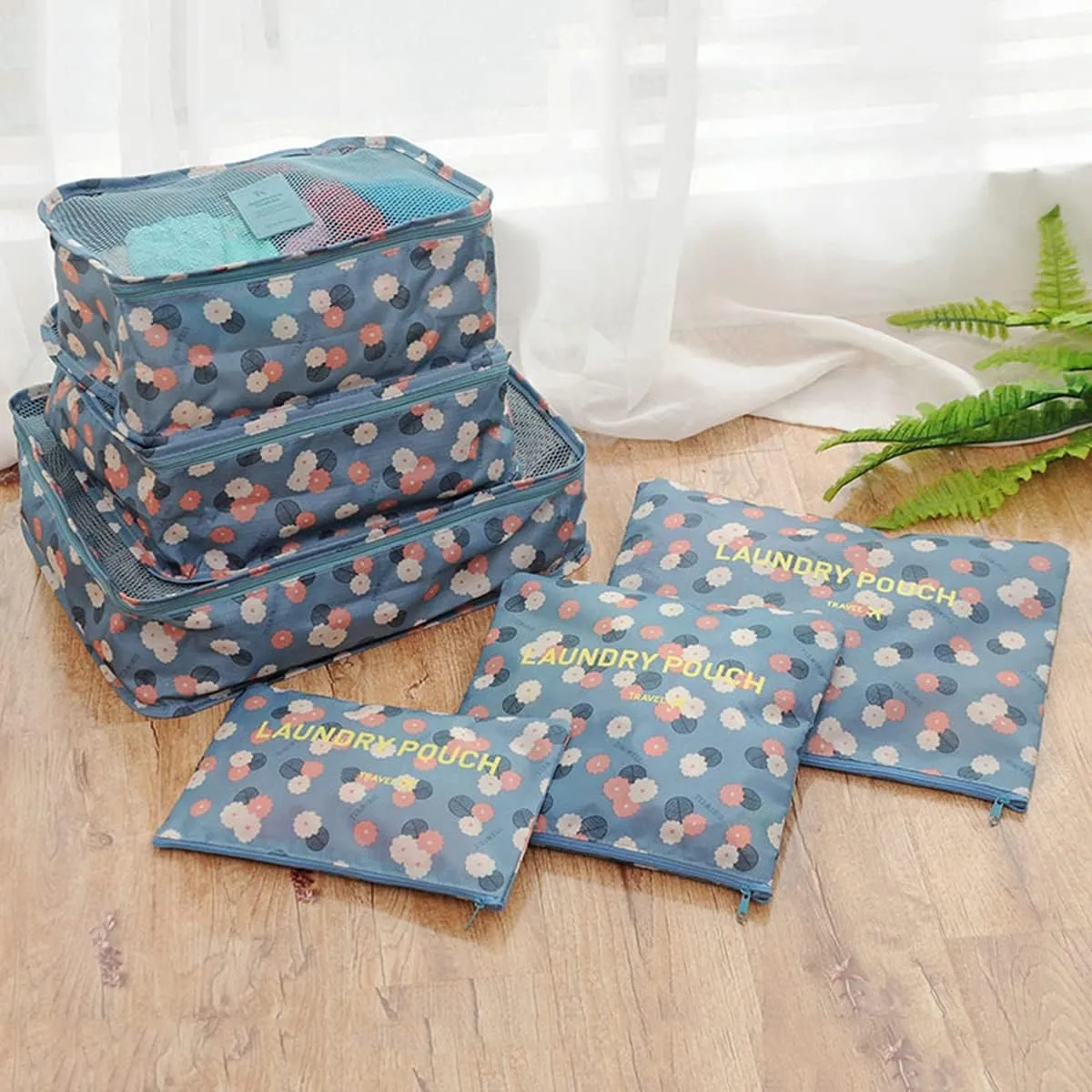 6 PCS Packing Cubes,Multi-functional Clothing Sorting Packages,Travel Carry On Luggage Organizers Storage Bags,Travel Packing Pouches, Blue Flower