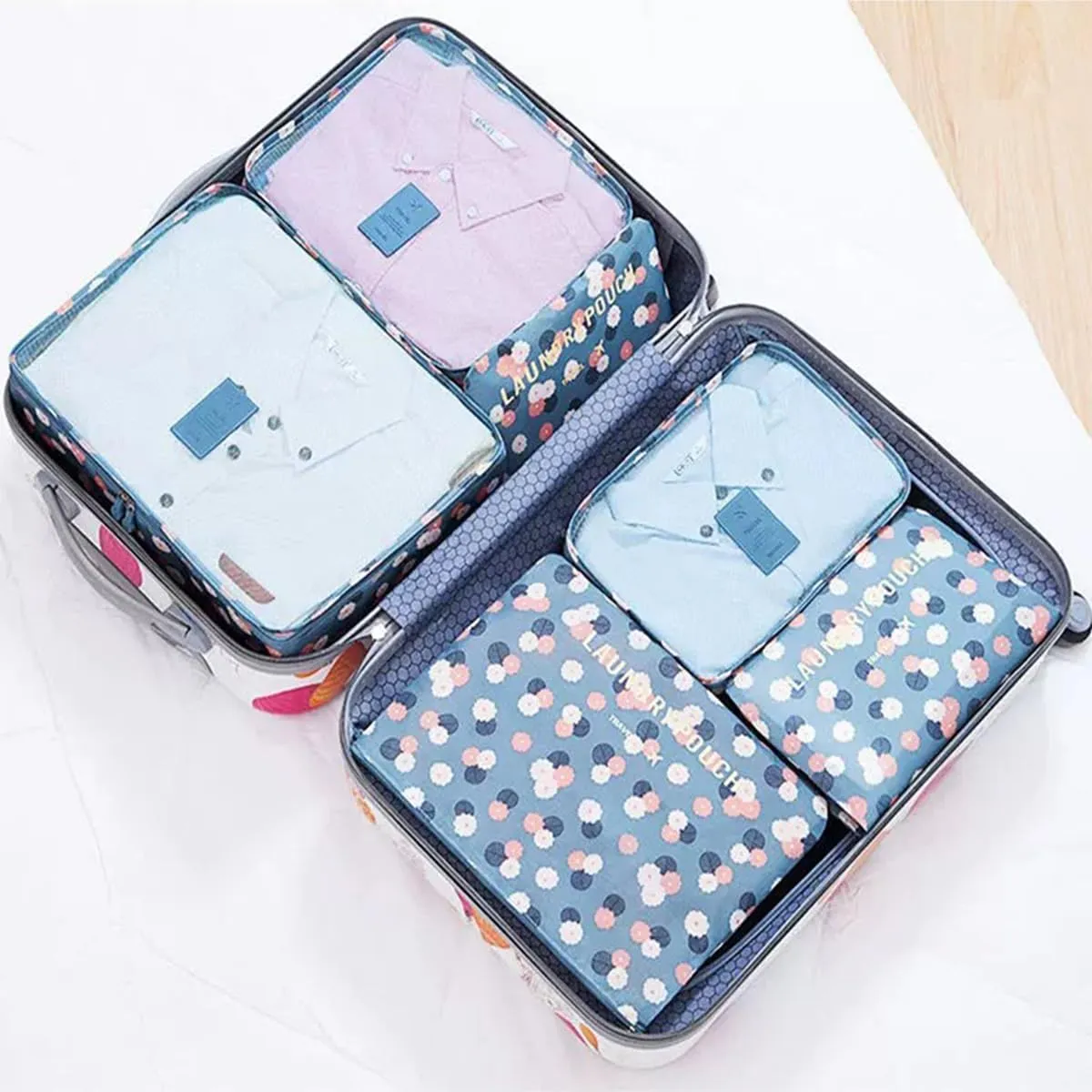 6 PCS Packing Cubes,Multi-functional Clothing Sorting Packages,Travel Carry On Luggage Organizers Storage Bags,Travel Packing Pouches, Blue Flower