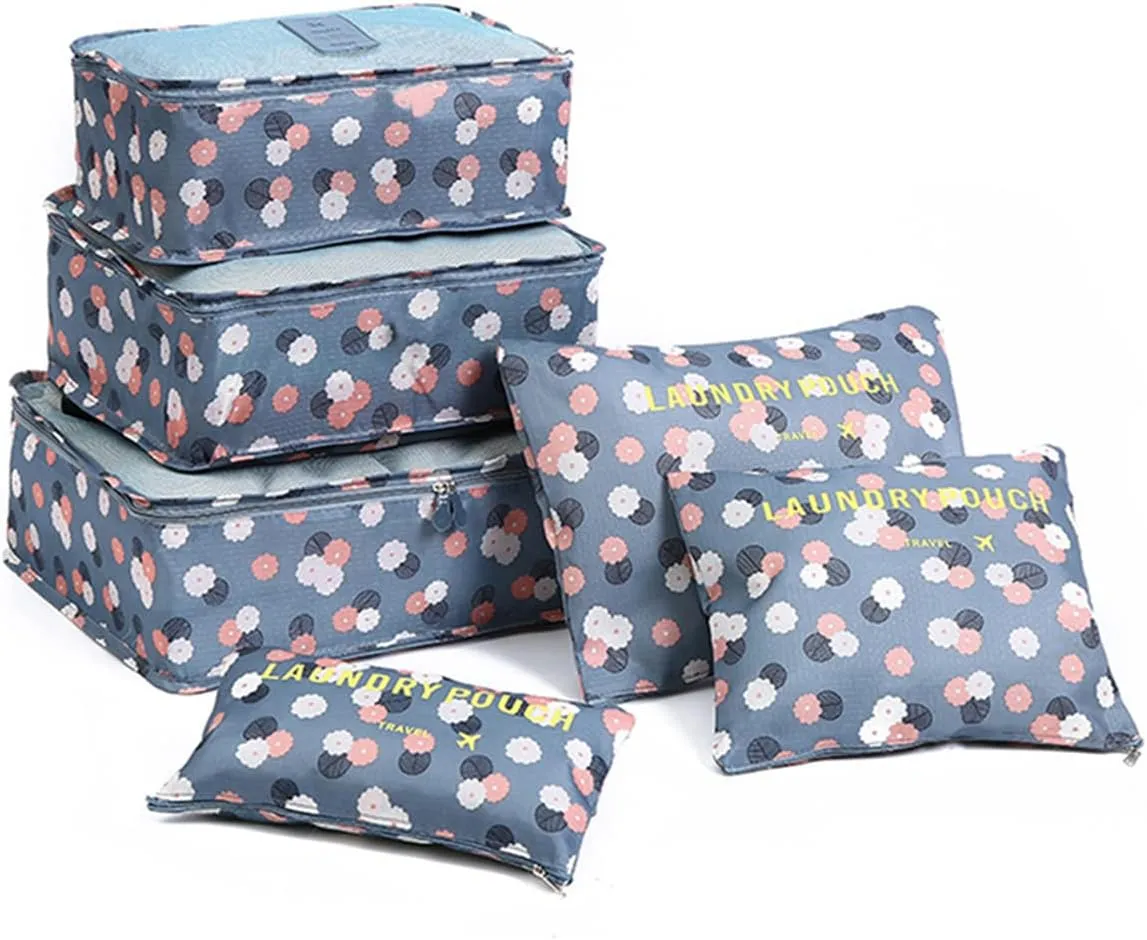 6 PCS Packing Cubes,Multi-functional Clothing Sorting Packages,Travel Carry On Luggage Organizers Storage Bags,Travel Packing Pouches, Blue Flower