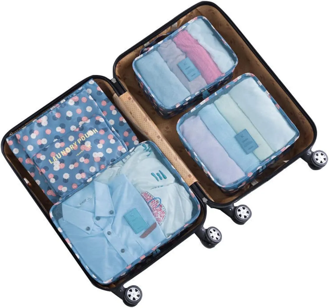 6 PCS Packing Cubes,Multi-functional Clothing Sorting Packages,Travel Carry On Luggage Organizers Storage Bags,Travel Packing Pouches, Blue Flower