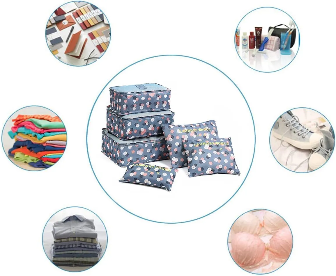6 PCS Packing Cubes,Multi-functional Clothing Sorting Packages,Travel Carry On Luggage Organizers Storage Bags,Travel Packing Pouches, Blue Flower