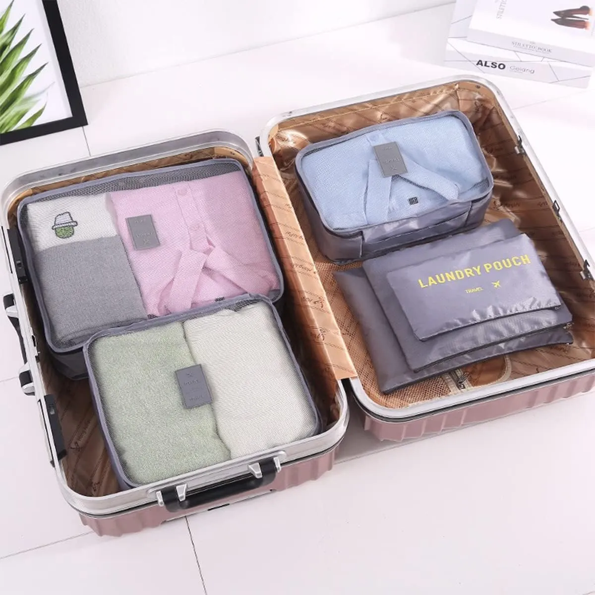 6 Set Packing Cubes, Multi-functional Clothing Sorting Packages Travel Carry On Luggage Organizers Storage Bags Travel Packing Pouches, Gray