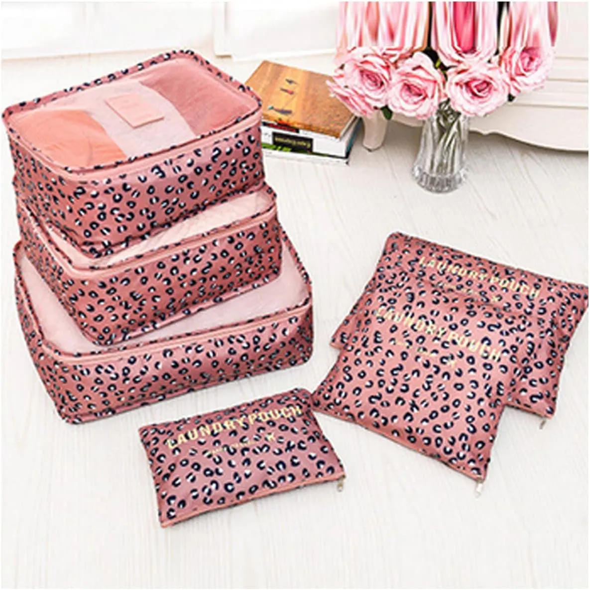 6 Set Packing Cubes,Multi-functional Clothing Sorting Packages,Travel Carry On Luggage Organizers Storage Bags,Travel Packing Pouches (Leopard Pink)