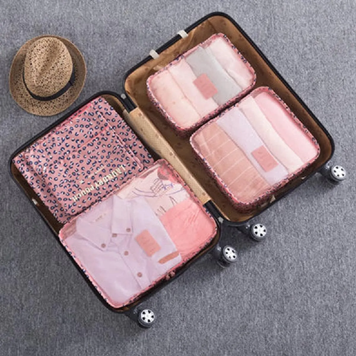 6 Set Packing Cubes,Multi-functional Clothing Sorting Packages,Travel Carry On Luggage Organizers Storage Bags,Travel Packing Pouches (Leopard Pink)