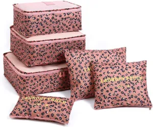 6 Set Packing Cubes,Multi-functional Clothing Sorting Packages,Travel Carry On Luggage Organizers Storage Bags,Travel Packing Pouches (Leopard Pink)