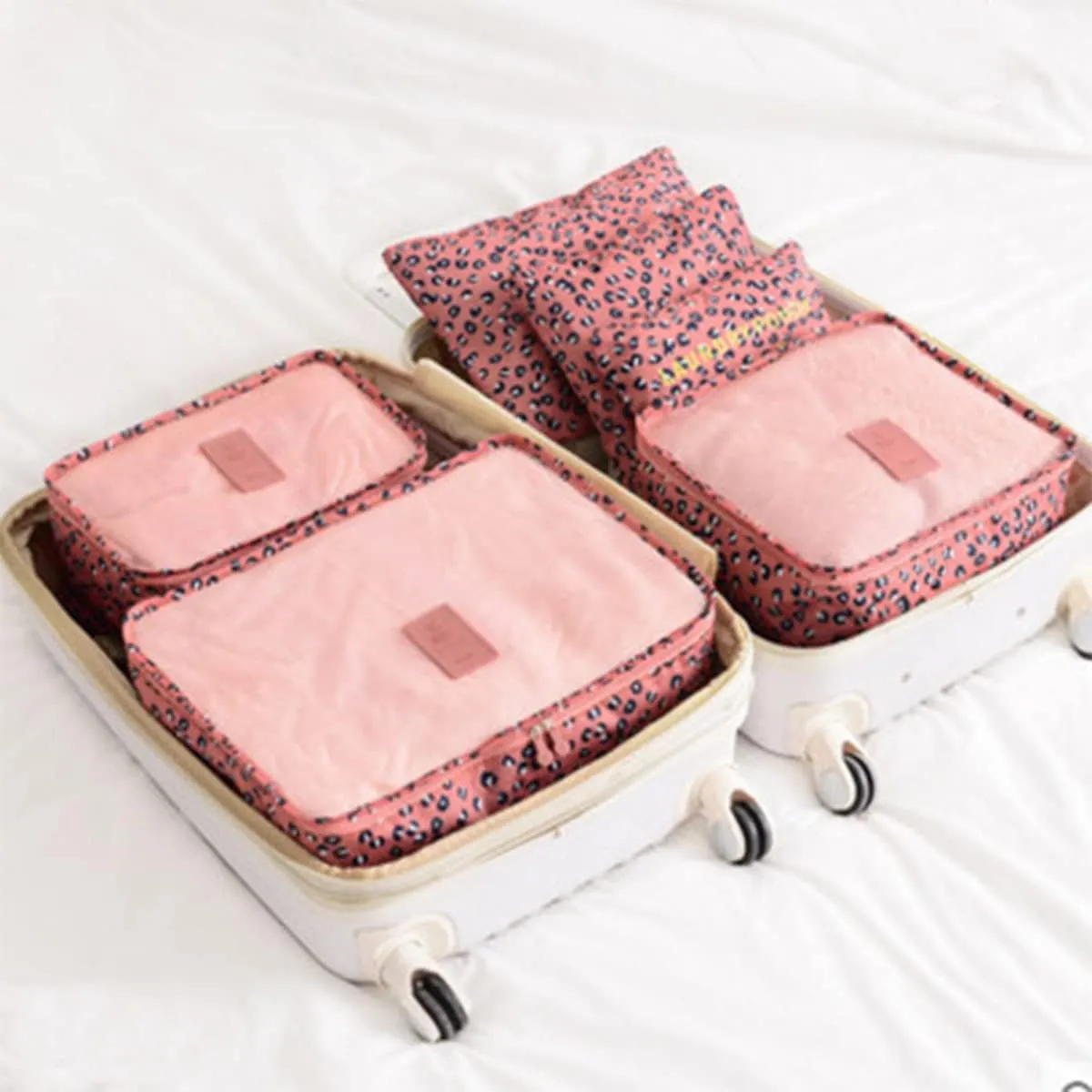 6 Set Packing Cubes,Multi-functional Clothing Sorting Packages,Travel Carry On Luggage Organizers Storage Bags,Travel Packing Pouches (Leopard Pink)
