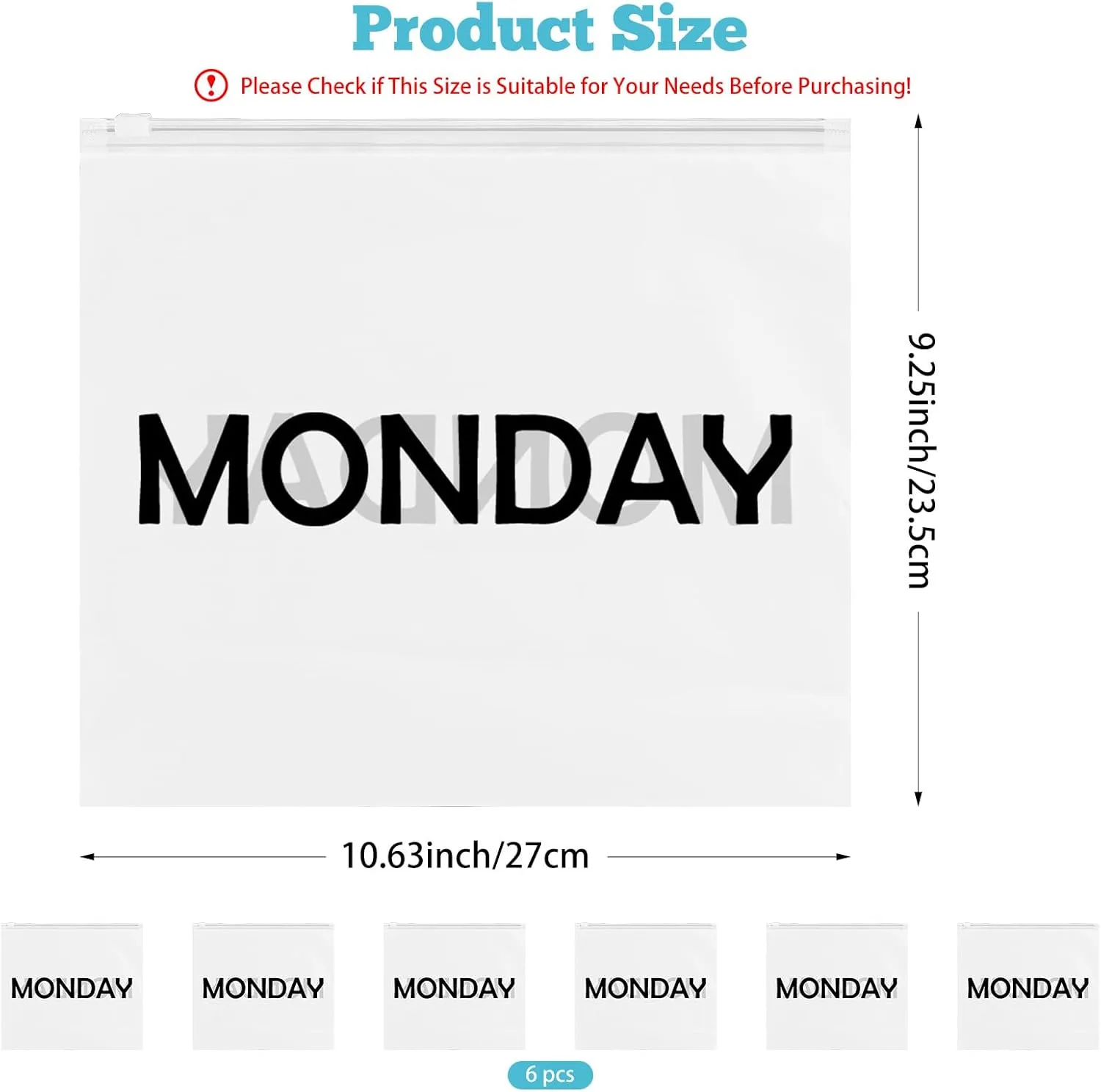 6pcs Travel Luggage Organizer Bags Frosted Clothes Packaging Bags Organizers Days of Week Travel Pouches for Travel Home Travel Pouches for Family Vacation (Monday, 10.6 x 9.3inch)
