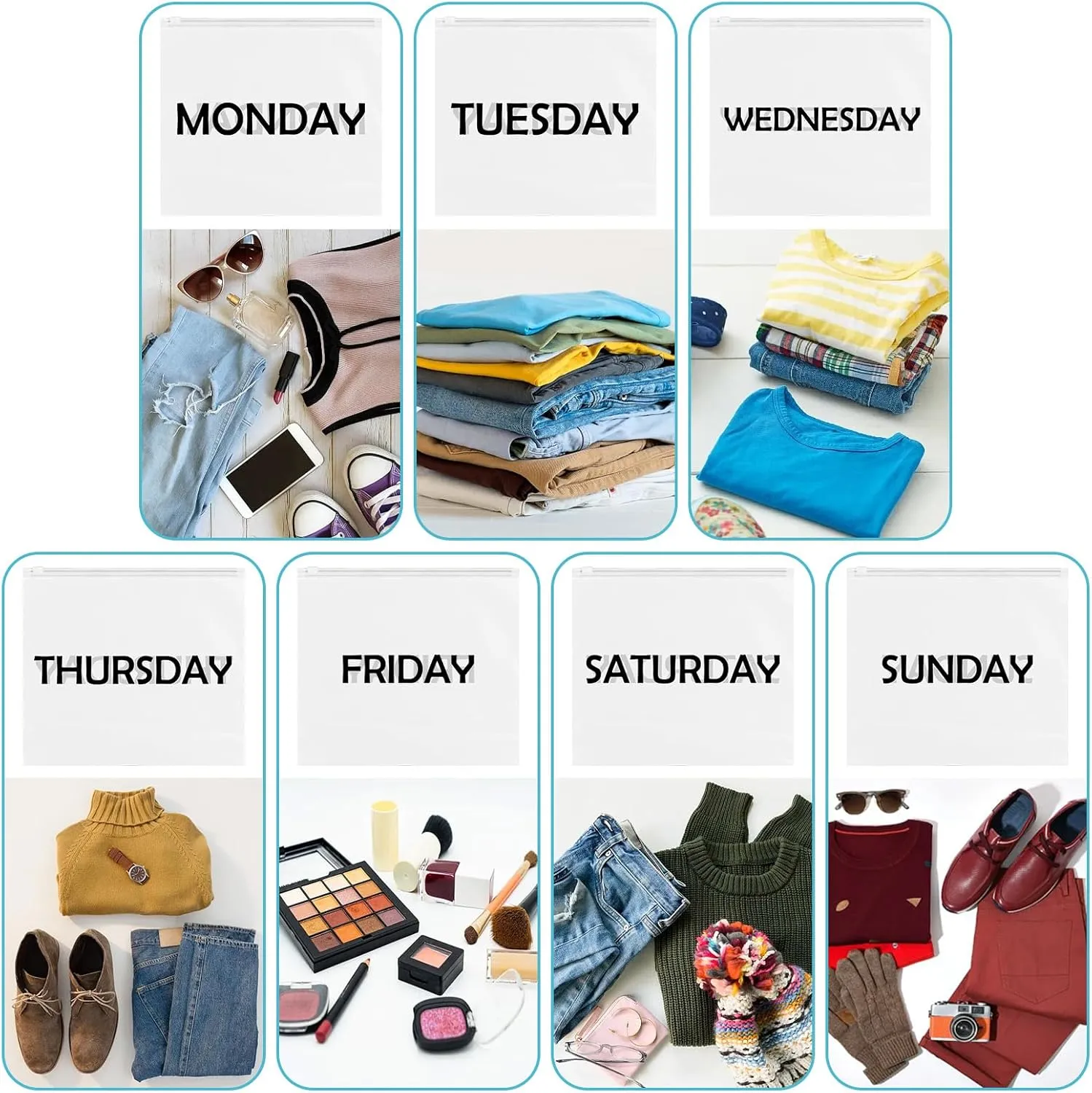 6pcsTravel Luggage Organizer Bags Frosted Clothes Packaging Bags Frosted Zippered Storage Bag Packing Organizers Days of Week Travel Pouches for Home Storage,Organizing Bags,Vacations Travel (Sunday)
