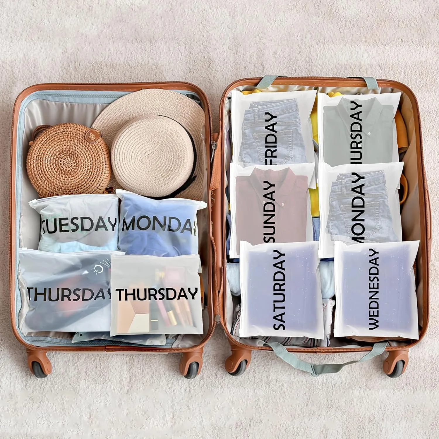 6pcsTravel Luggage Organizer Bags Frosted Clothes Packaging Bags Frosted Zippered Storage Bag Packing Organizers Days of Week Travel Pouches for Home Storage,Organizing Bags,Vacations Travel (Sunday)