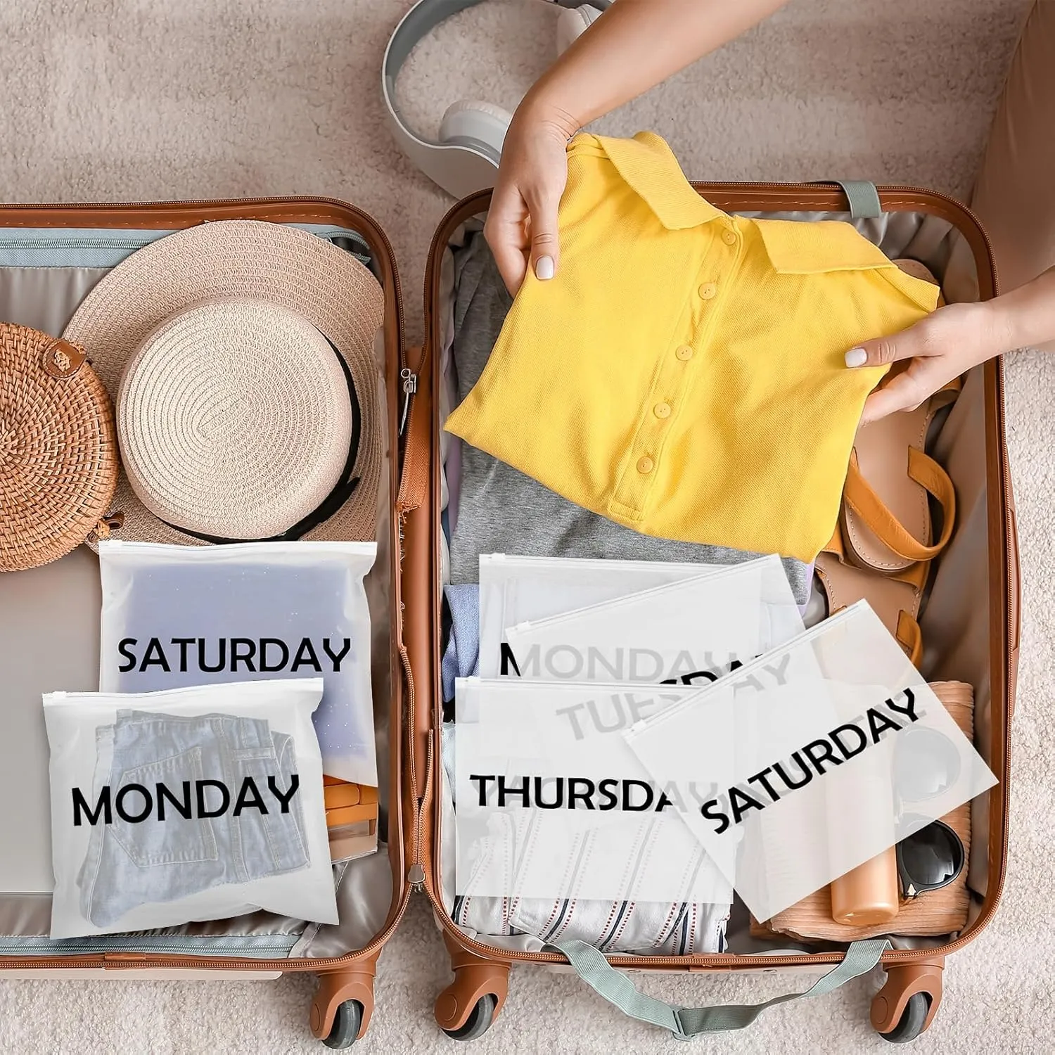 6pcsTravel Luggage Organizer Bags Frosted Clothes Packaging Bags Frosted Zippered Storage Bag Packing Organizers Days of Week Travel Pouches for Home Storage,Organizing Bags,Vacations Travel (Sunday)
