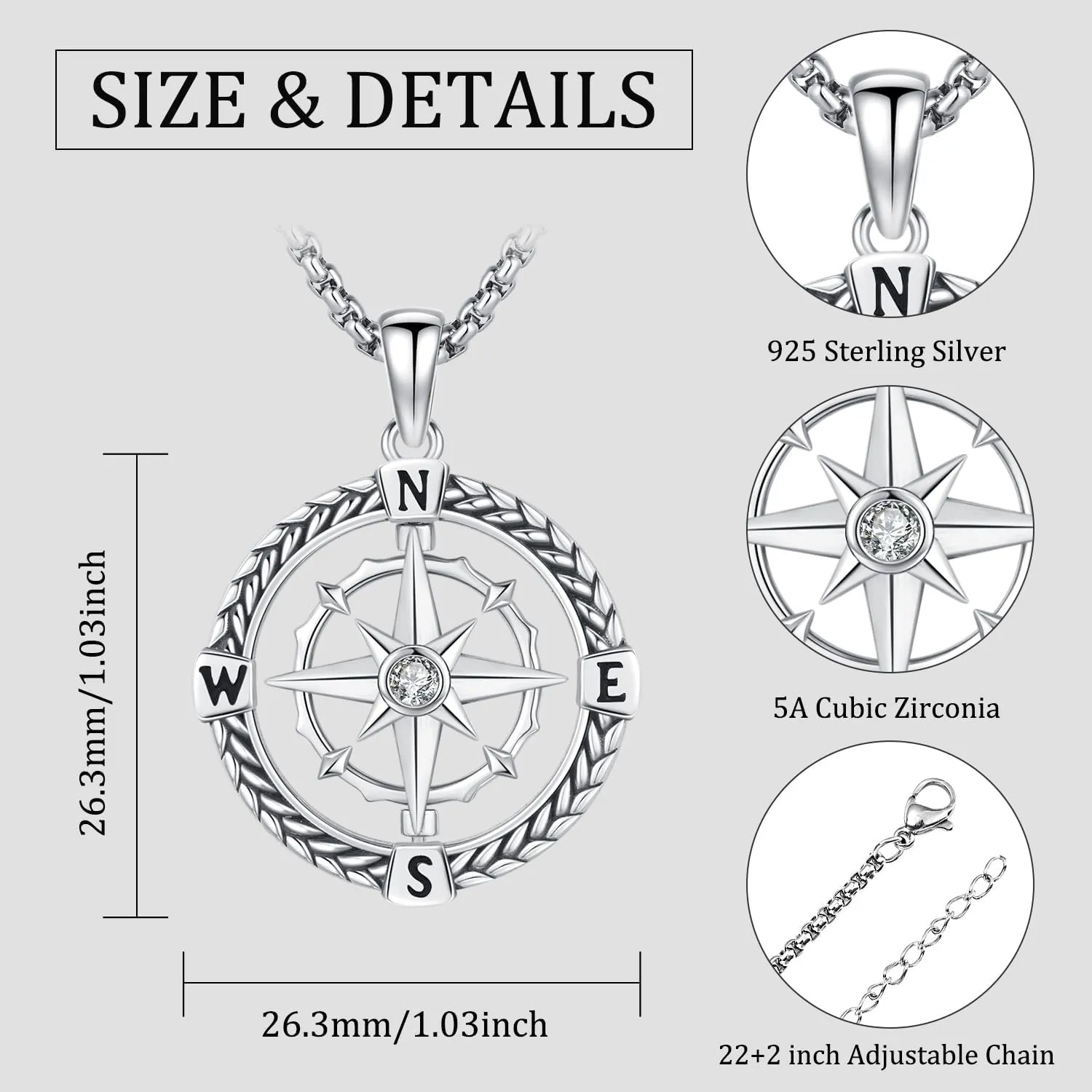 925 Sterling Silver Compass Necklace for Women Men Nautical Pendant Jewelry Gift for Adventurers Compass Jewelry