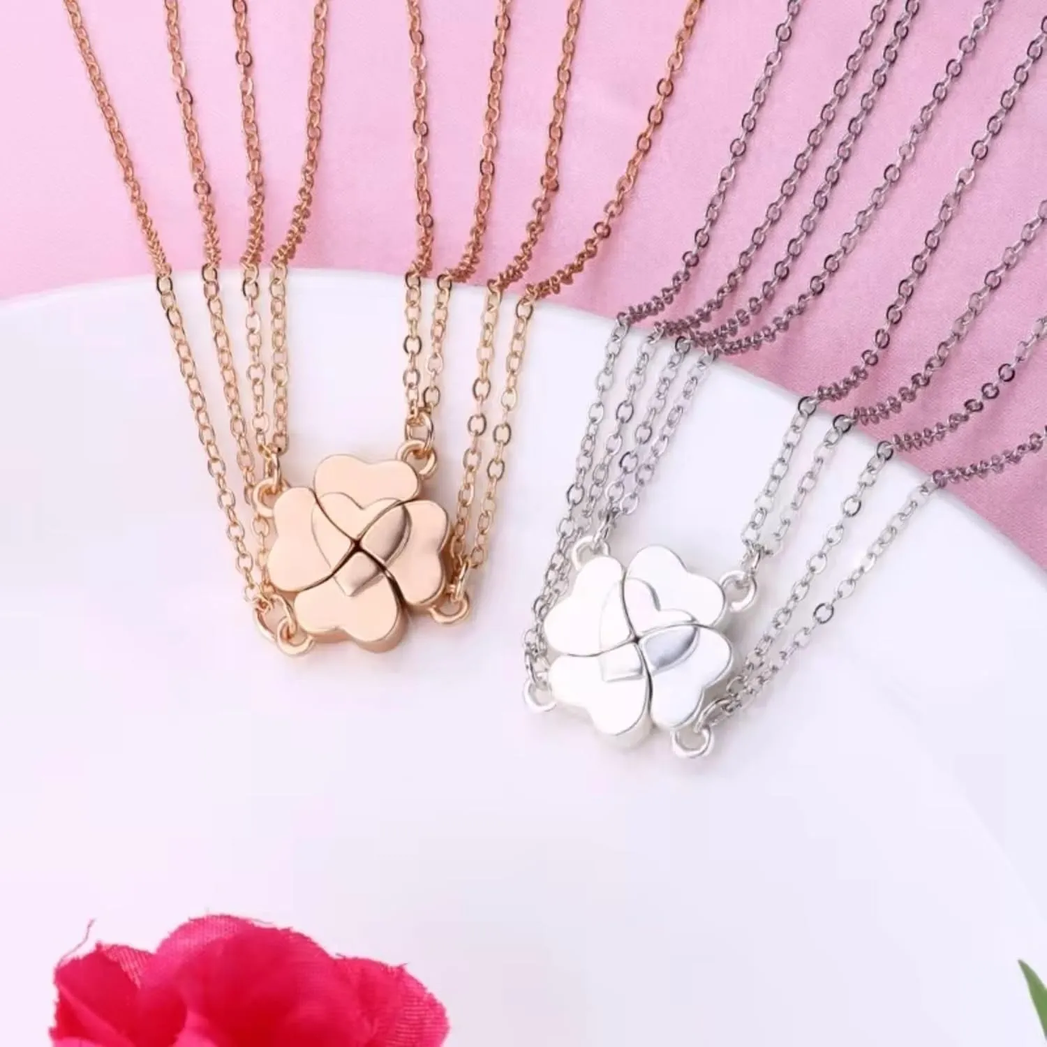 925 Sterling Silver Set Piece Four Leaf Clover Stitching Pendant Necklace For Best Friend, Best Friend Necklaces For 4, BFF Friendship Necklace For 4 Ladies