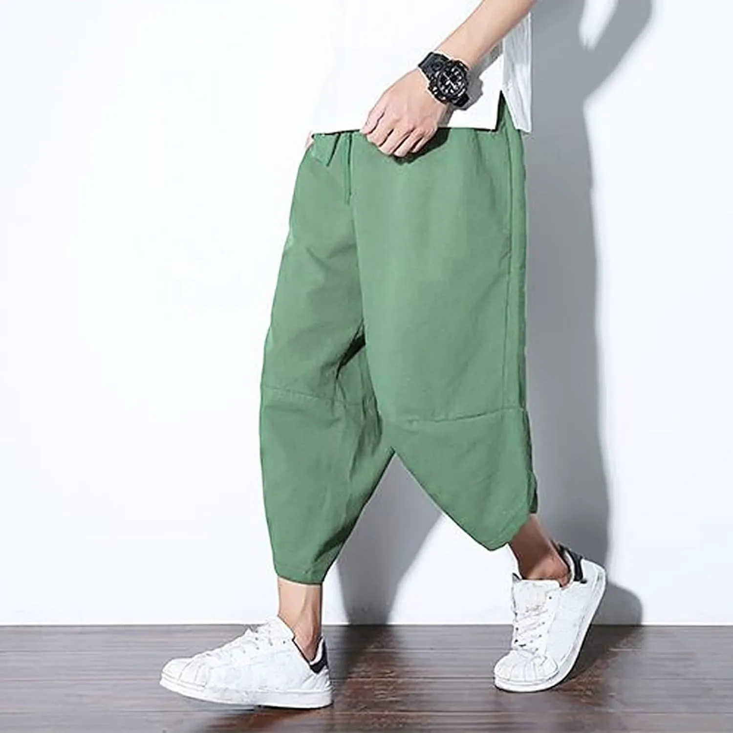 Alalaso Mens Cotton Baggy Hippie Harem Pants Casual Drop Crotch Trouser Elastic Waisted Summer Beach Pants with Pockets