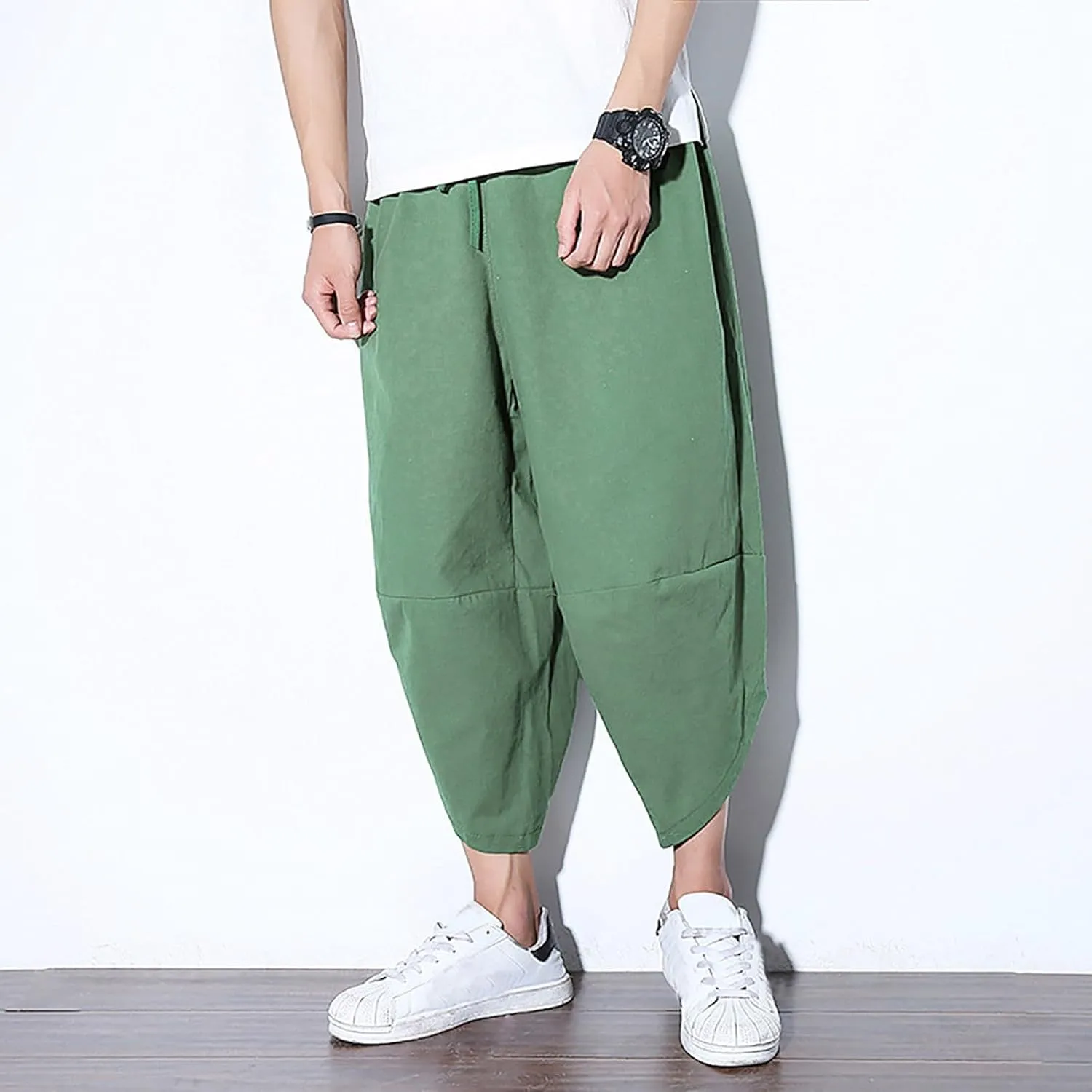 Alalaso Mens Cotton Baggy Hippie Harem Pants Casual Drop Crotch Trouser Elastic Waisted Summer Beach Pants with Pockets