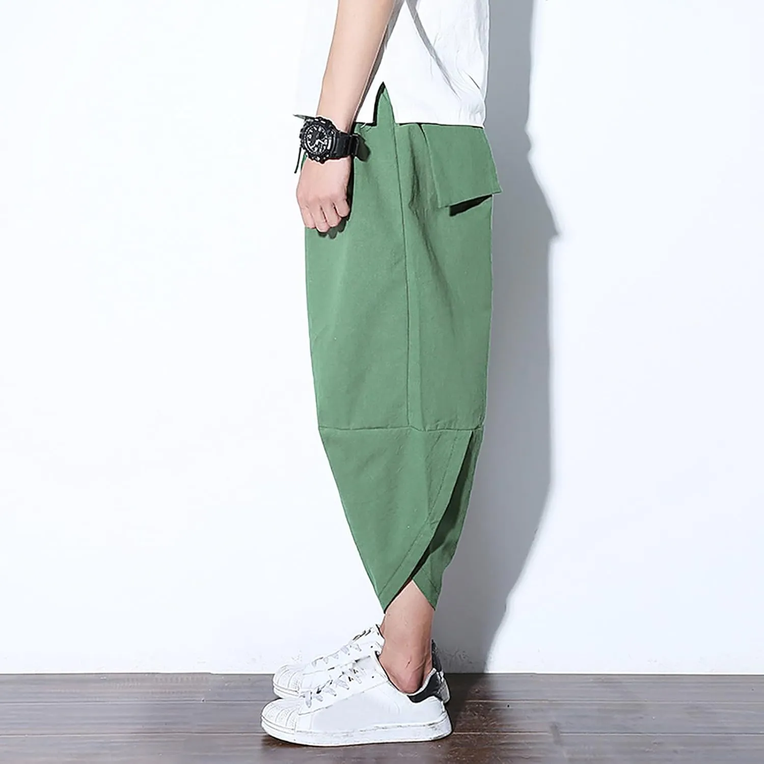 Alalaso Mens Cotton Baggy Hippie Harem Pants Casual Drop Crotch Trouser Elastic Waisted Summer Beach Pants with Pockets