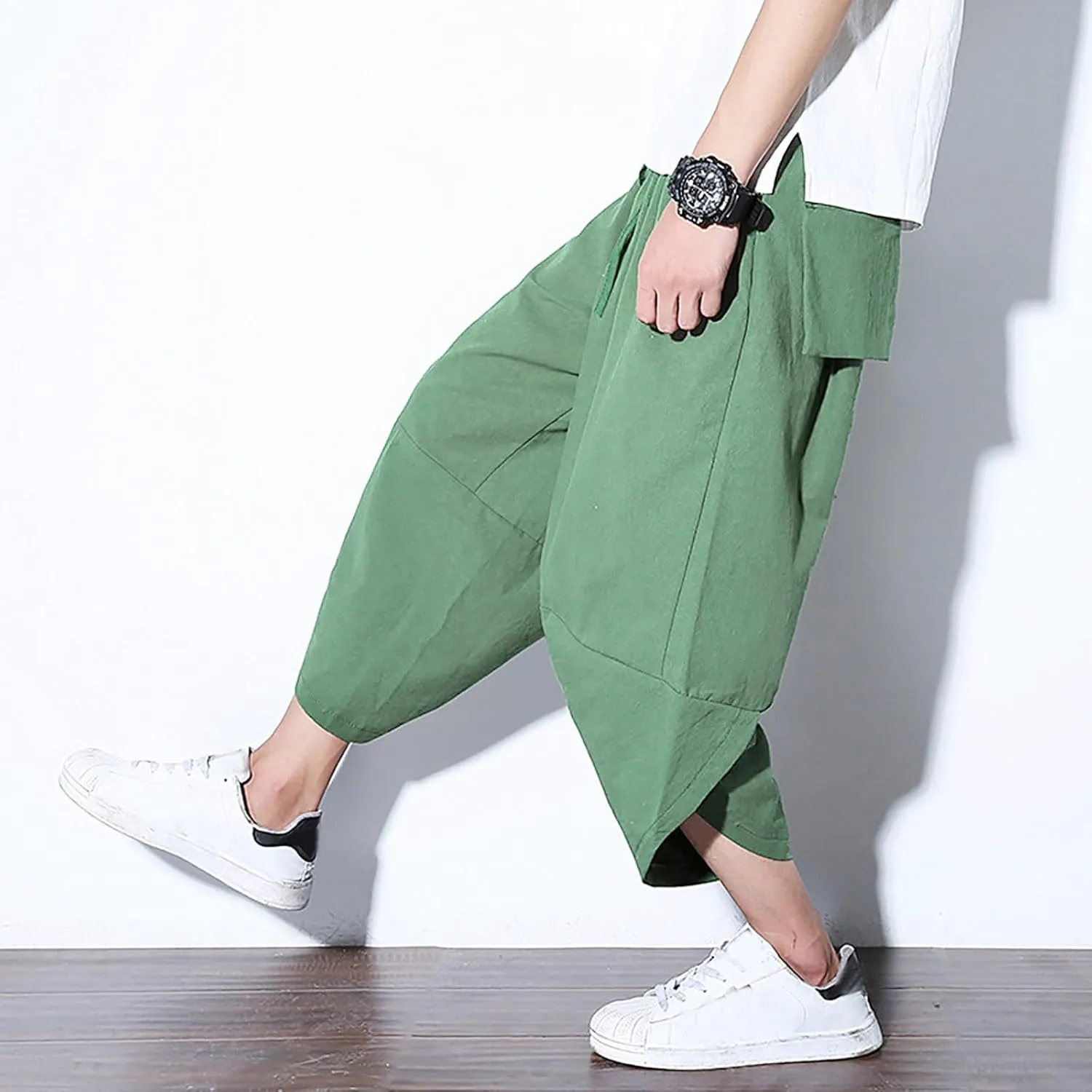 Alalaso Mens Cotton Baggy Hippie Harem Pants Casual Drop Crotch Trouser Elastic Waisted Summer Beach Pants with Pockets