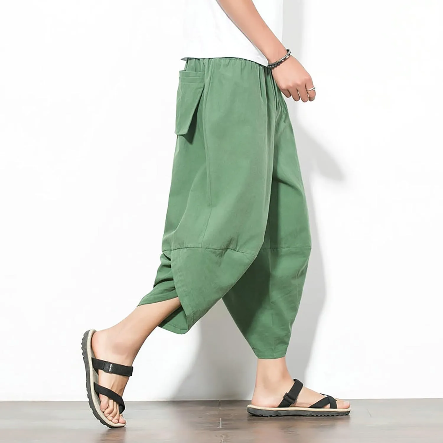 Alalaso Mens Cotton Baggy Hippie Harem Pants Casual Drop Crotch Trouser Elastic Waisted Summer Beach Pants with Pockets