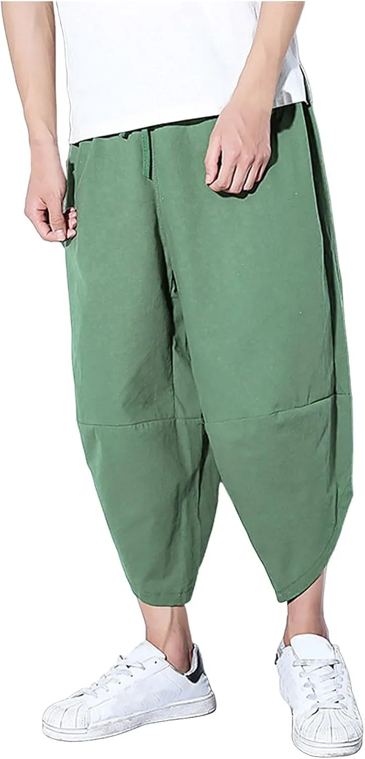 Alalaso Mens Cotton Baggy Hippie Harem Pants Casual Drop Crotch Trouser Elastic Waisted Summer Beach Pants with Pockets