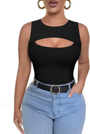 ALGALAROUND Sleeveless Tank Tops for Women Cut Out Front Ribbed Tshirt Crew Neck Casual Shirt