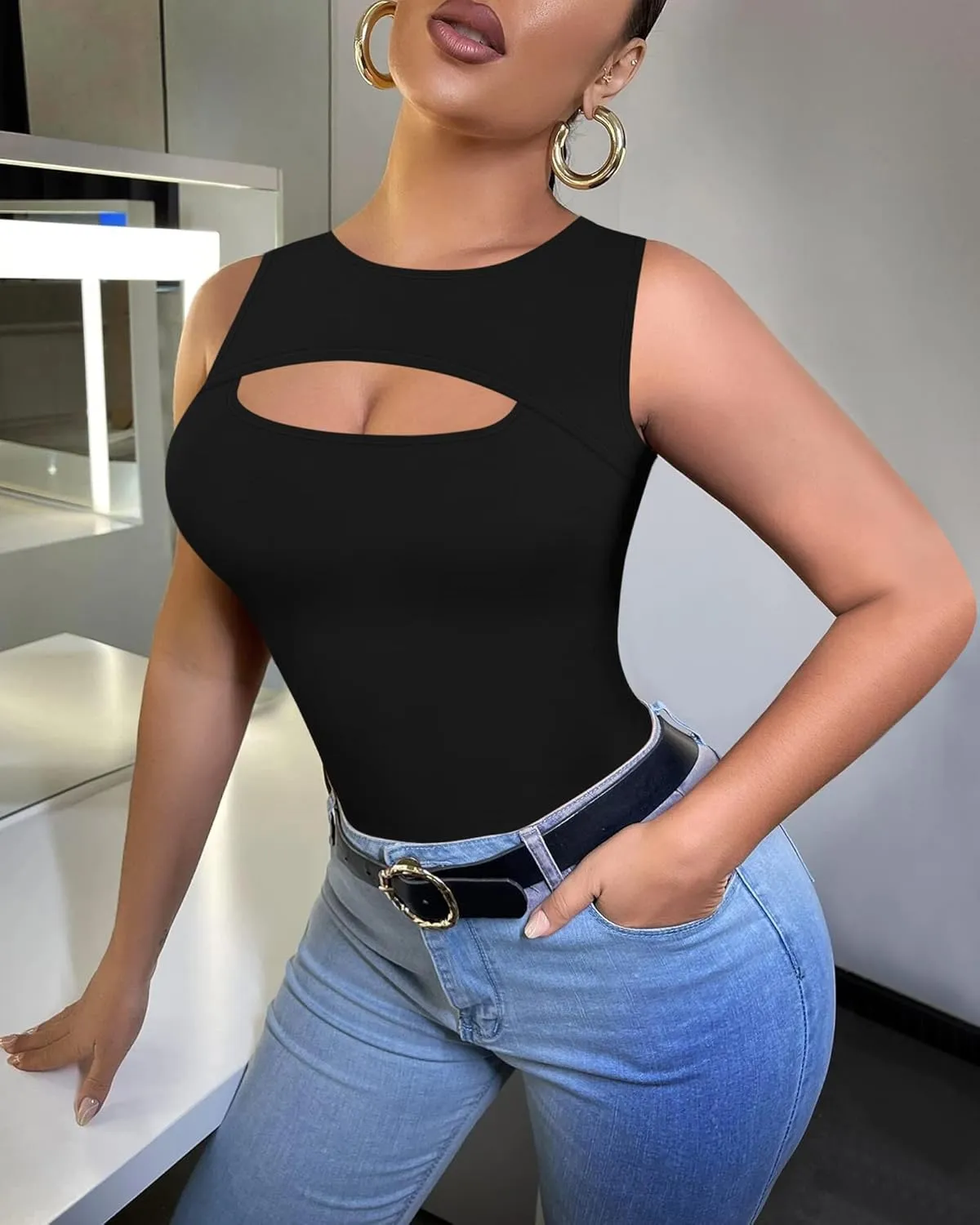ALGALAROUND Sleeveless Tank Tops for Women Cut Out Front Ribbed Tshirt Crew Neck Casual Shirt