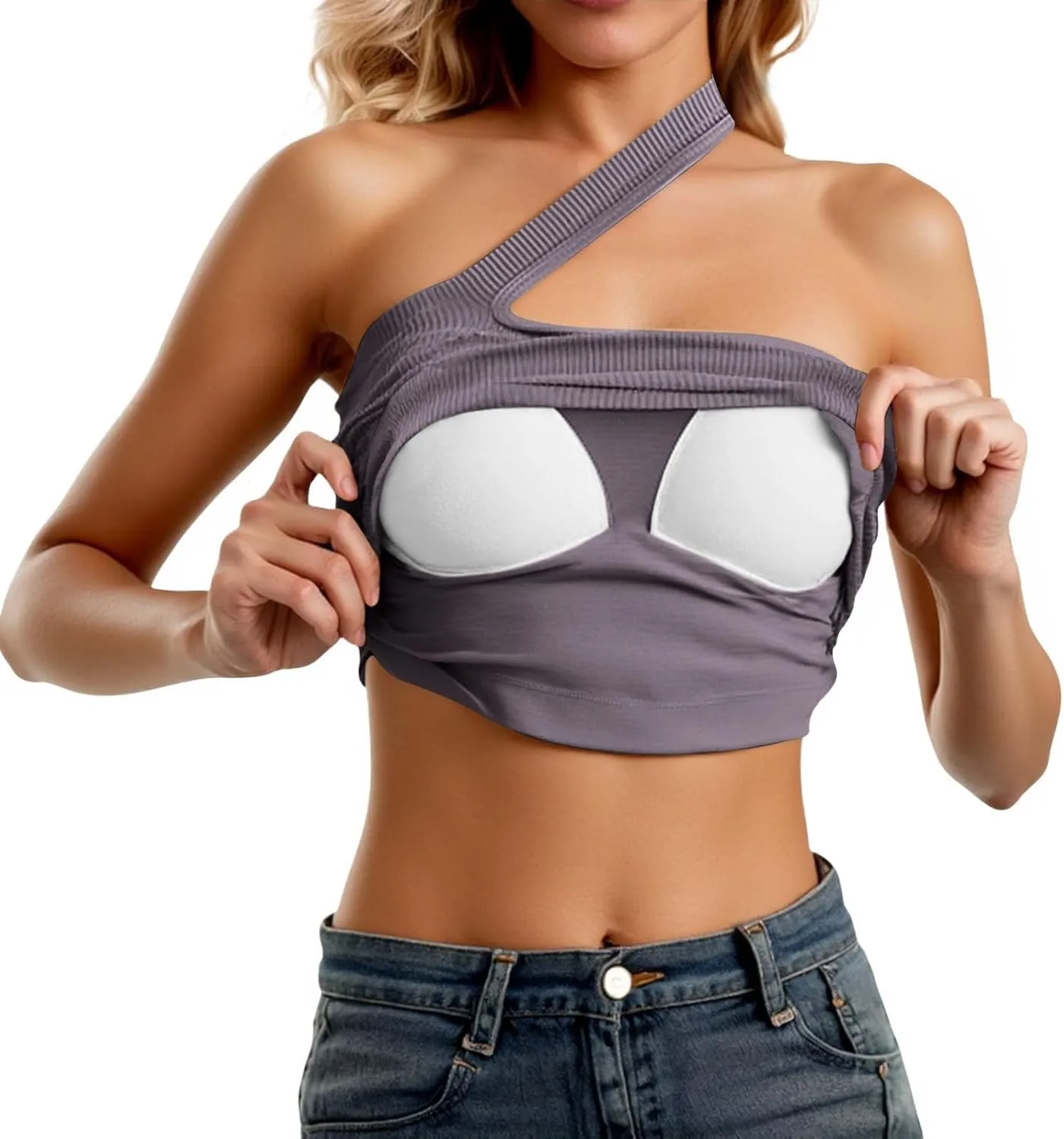 AMDBEL Built In Bra Tank Tops for Women,Summer One Shoulder Crop Cami Tank for Women Seamless Ribbed Asymmetric Cropped Tops