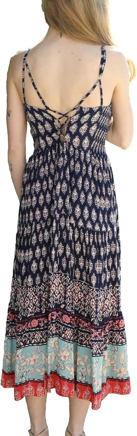 Angie Women's Tie Neck Strappy Back Tiered Skirt Maxi Dress