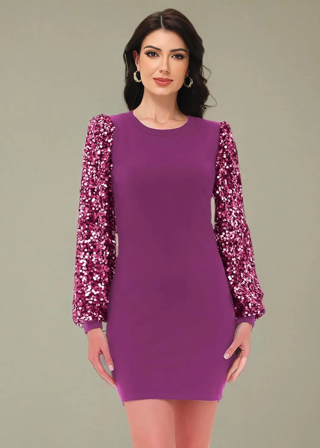 Anna-Kaci Womens Long Sleeve Sequin Party Bodycon Dress Cocktail Sparkle Wedding Evening Clubwear A Line Mini Short Dress