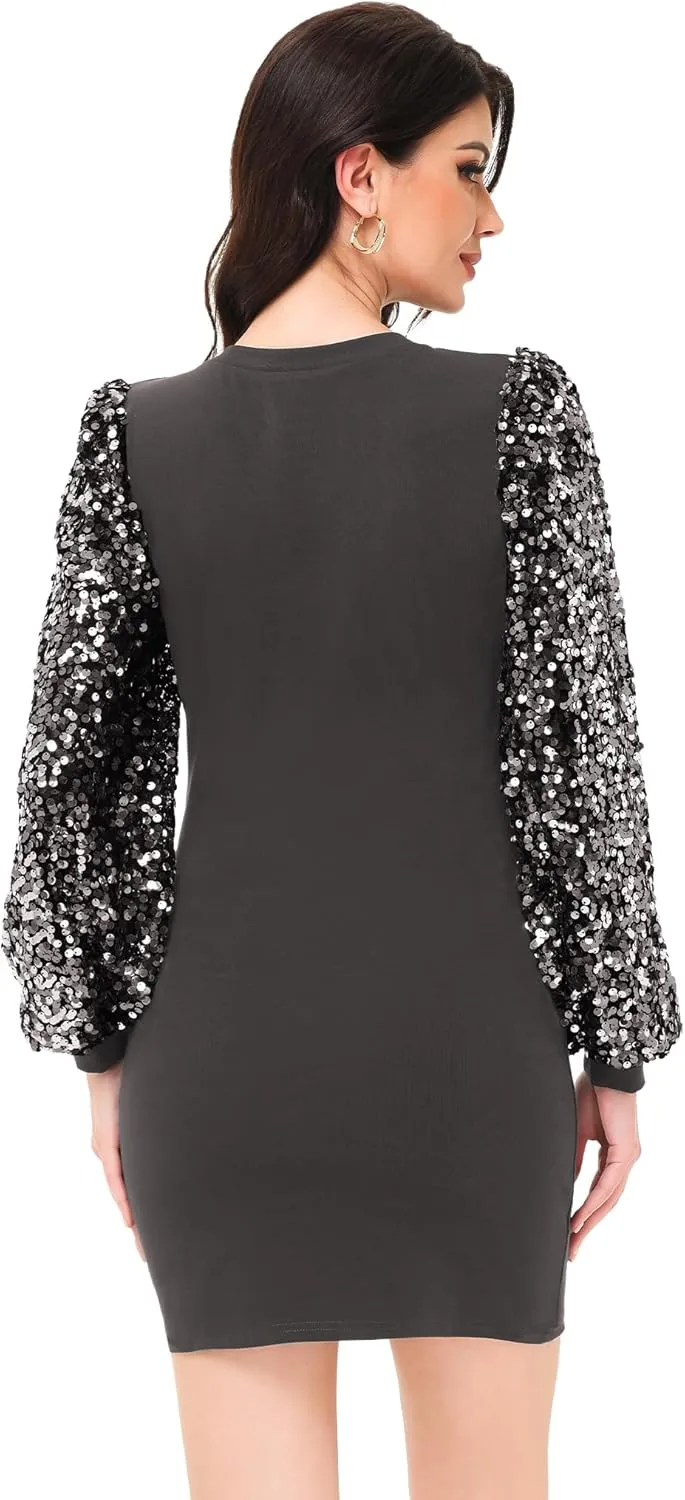 Anna-Kaci Womens Long Sleeve Sequin Party Bodycon Dress Cocktail Sparkle Wedding Evening Clubwear A Line Mini Short Dress