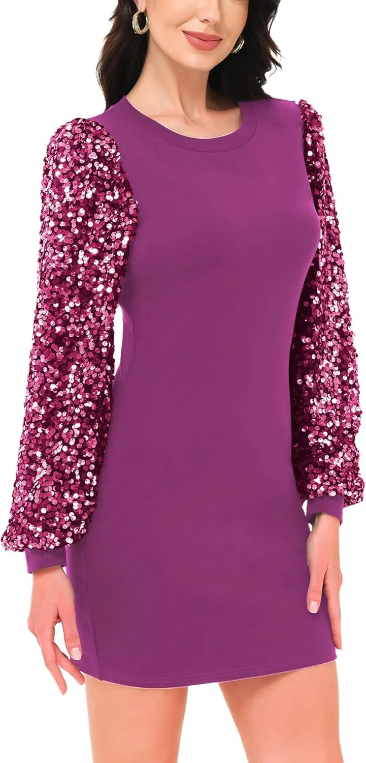 Anna-Kaci Womens Long Sleeve Sequin Party Bodycon Dress Cocktail Sparkle Wedding Evening Clubwear A Line Mini Short Dress