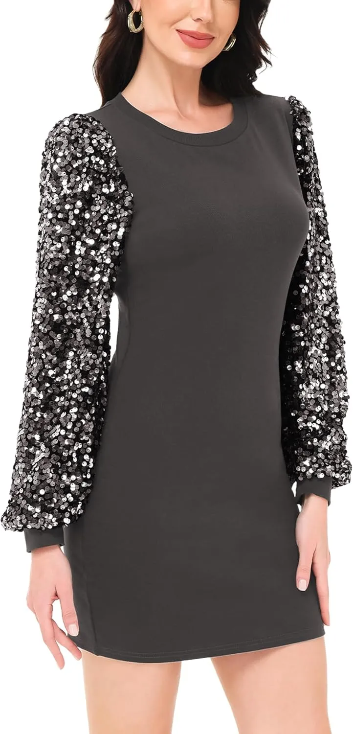 Anna-Kaci Womens Long Sleeve Sequin Party Bodycon Dress Cocktail Sparkle Wedding Evening Clubwear A Line Mini Short Dress