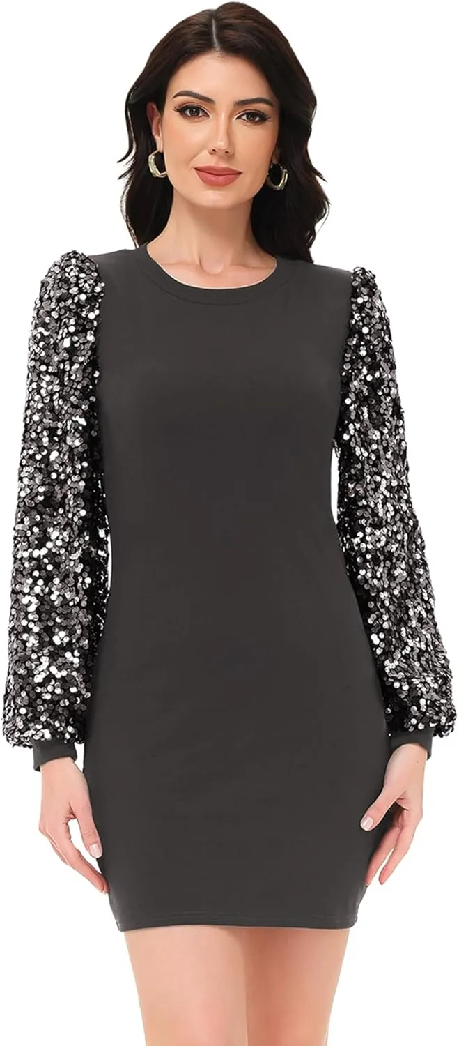 Anna-Kaci Womens Long Sleeve Sequin Party Bodycon Dress Cocktail Sparkle Wedding Evening Clubwear A Line Mini Short Dress