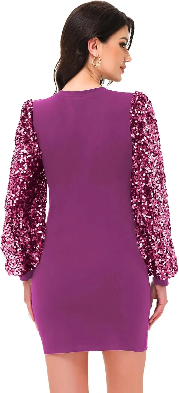 Anna-Kaci Womens Long Sleeve Sequin Party Bodycon Dress Cocktail Sparkle Wedding Evening Clubwear A Line Mini Short Dress
