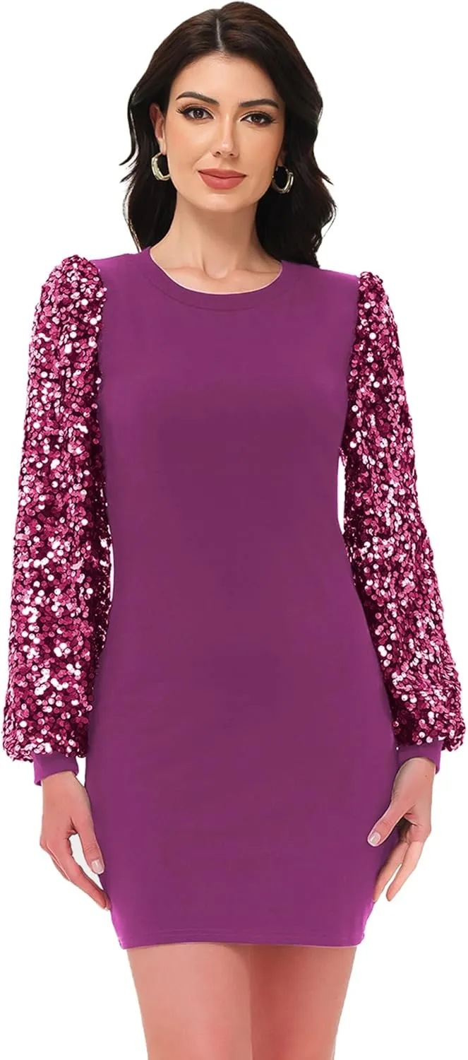 Anna-Kaci Womens Long Sleeve Sequin Party Bodycon Dress Cocktail Sparkle Wedding Evening Clubwear A Line Mini Short Dress