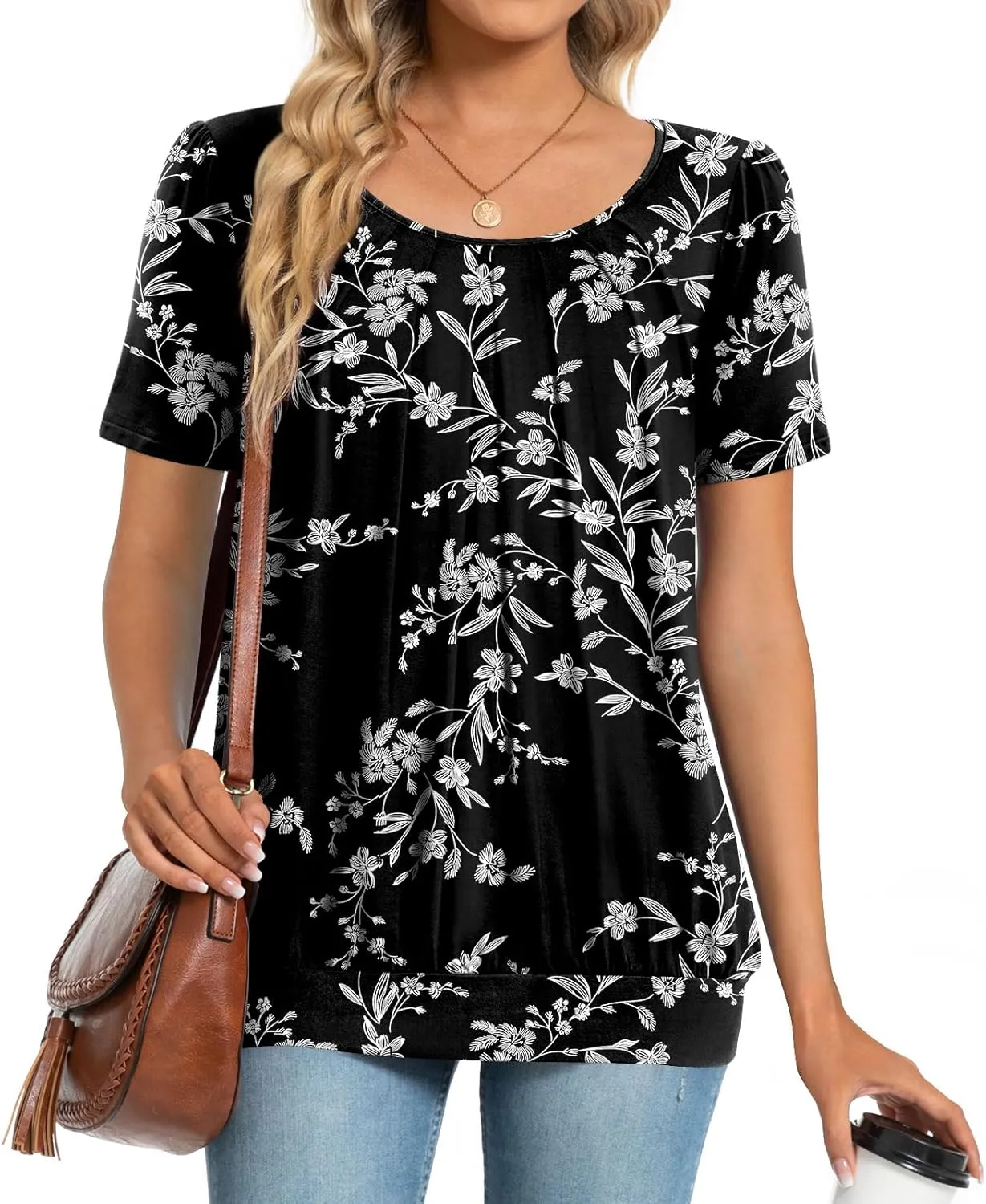 Anymeet 2025 Women's Spring Summer Tunic Tops Short Sleeve Casual Tshirt for Leggings Pleated Blouses