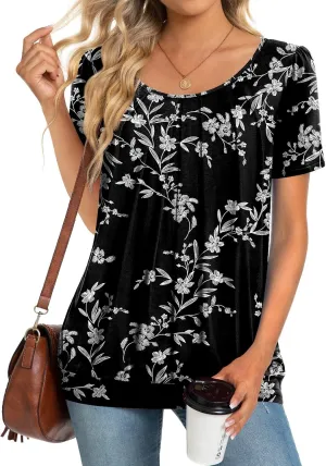 Anymeet 2025 Women's Spring Summer Tunic Tops Short Sleeve Casual Tshirt for Leggings Pleated Blouses