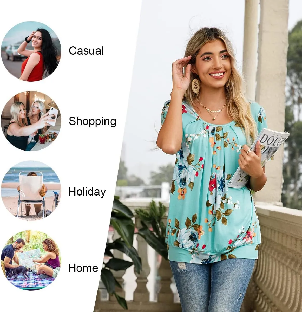 Anymeet 2025 Women's Spring Summer Tunic Tops Short Sleeve Casual Tshirt for Leggings Pleated Blouses