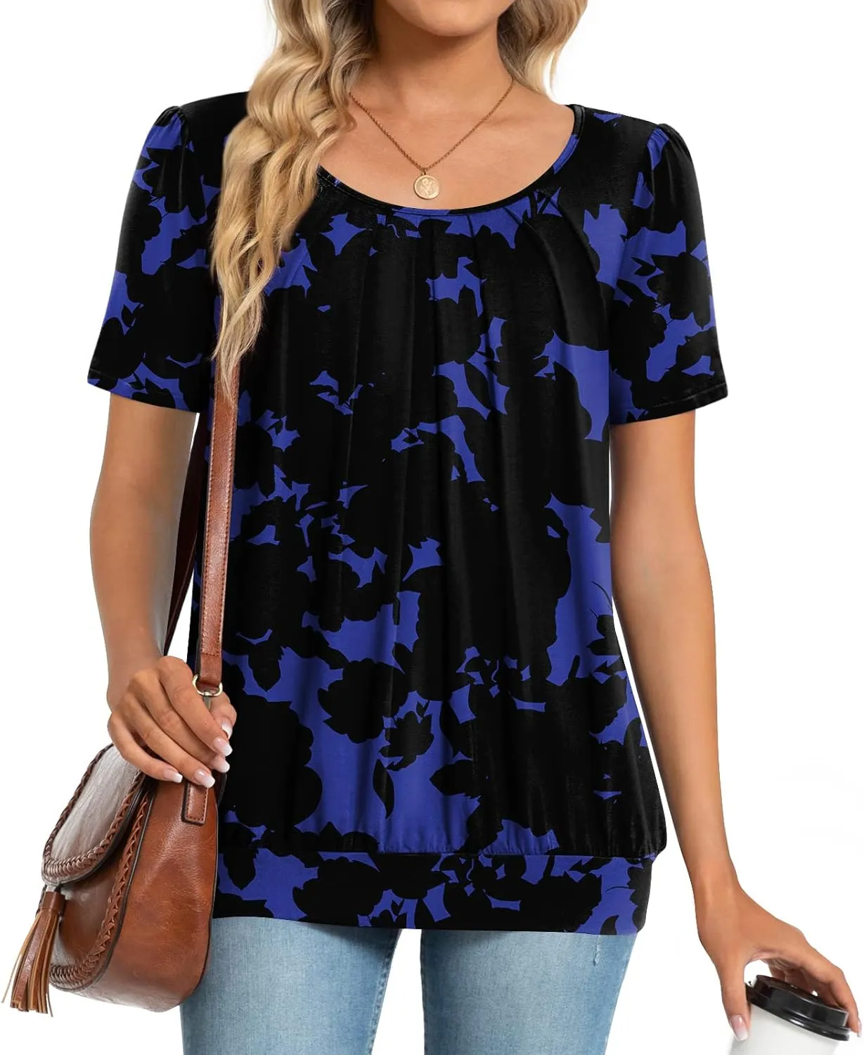 Anymeet 2025 Women's Spring Summer Tunic Tops Short Sleeve Casual Tshirt for Leggings Pleated Blouses