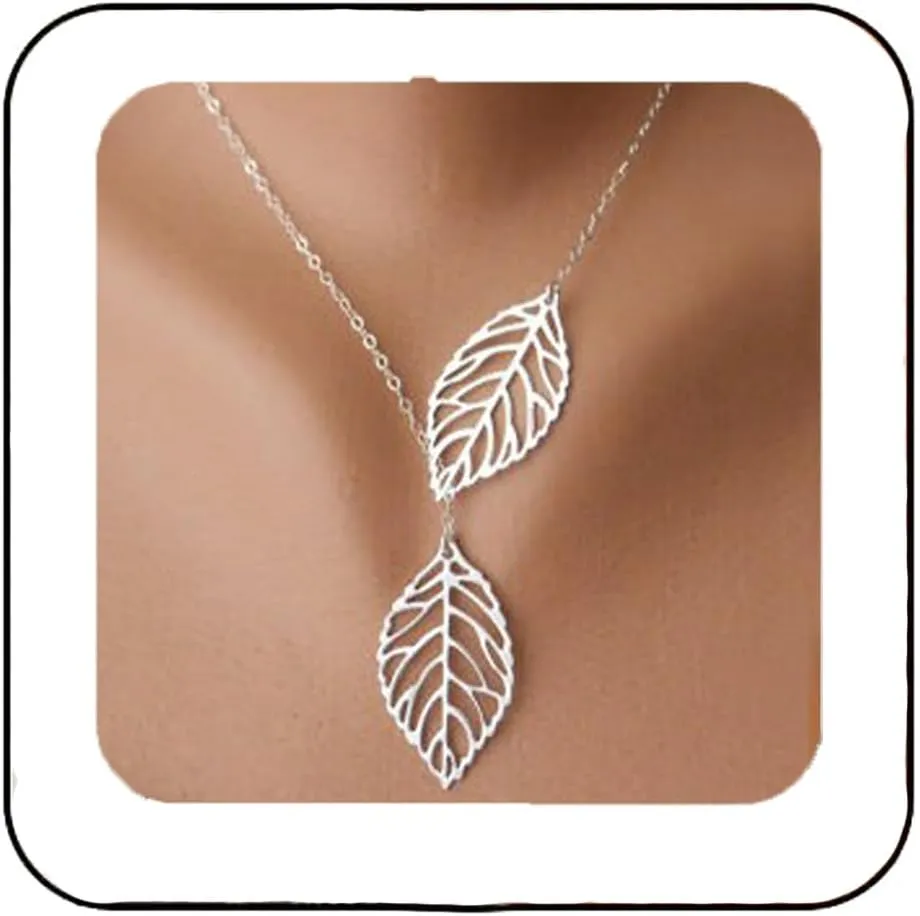 Aukmla Boho Leaf Necklace Silver Pendant Necklaces Chain Jewelry for Women