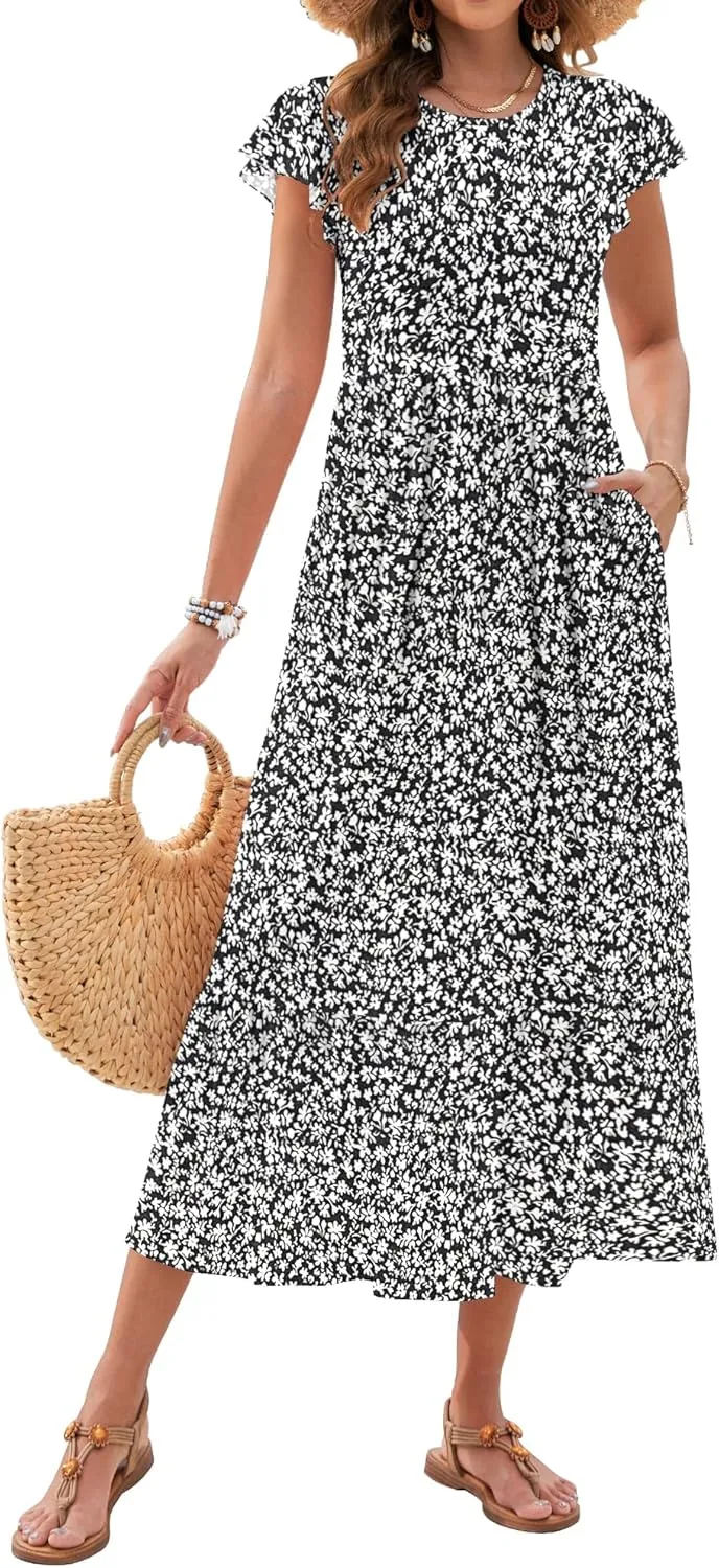 AUSELILY Womens Summer Maxi Dresses 2025 Casual Ruffle Sleeve Crewneck Loose Flowy Tiered Beach Sundress with Pockets