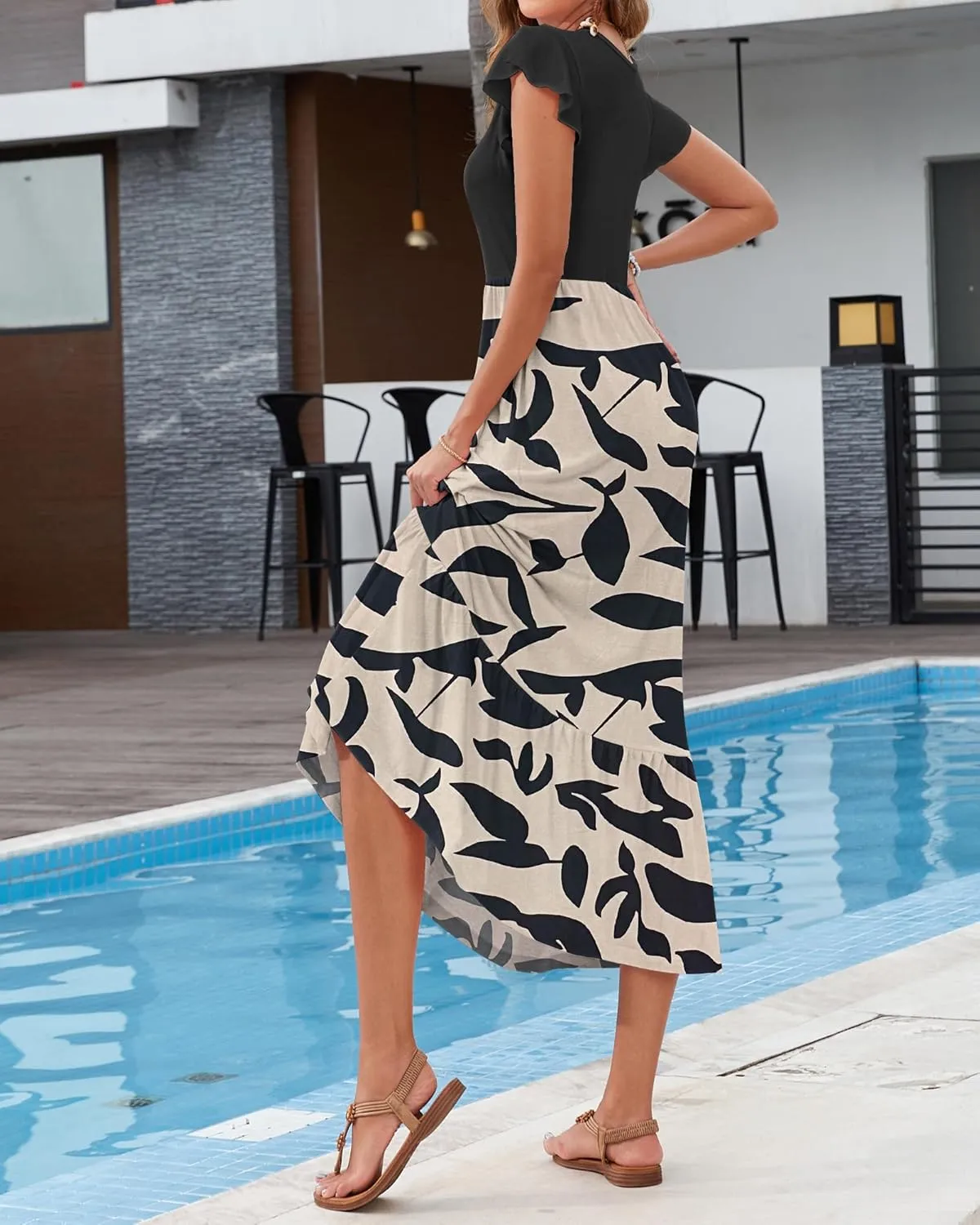 AUSELILY Womens Summer Maxi Dresses 2025 Casual Ruffle Sleeve Crewneck Loose Flowy Tiered Beach Sundress with Pockets
