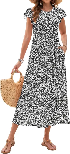 AUSELILY Womens Summer Maxi Dresses 2025 Casual Ruffle Sleeve Crewneck Loose Flowy Tiered Beach Sundress with Pockets