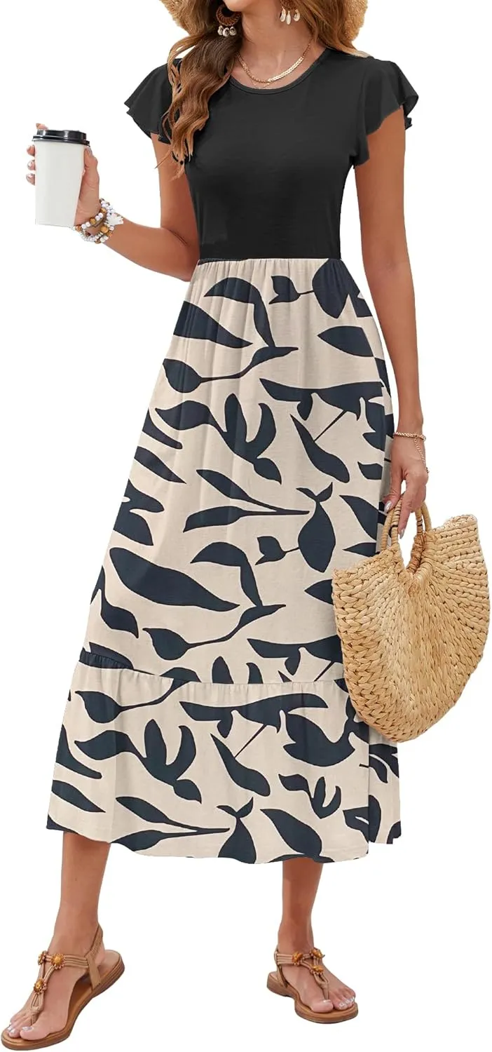 AUSELILY Womens Summer Maxi Dresses 2025 Casual Ruffle Sleeve Crewneck Loose Flowy Tiered Beach Sundress with Pockets