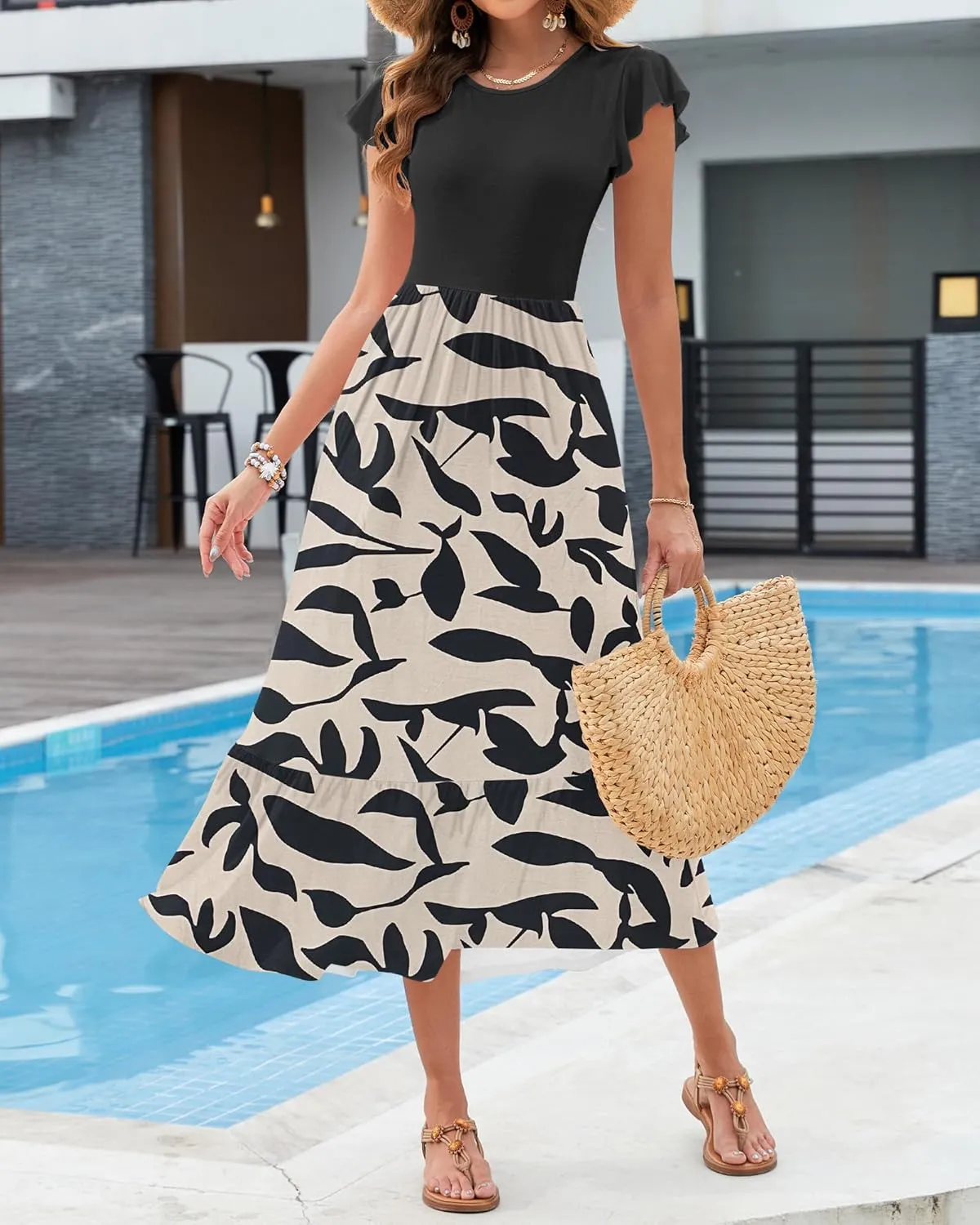 AUSELILY Womens Summer Maxi Dresses 2025 Casual Ruffle Sleeve Crewneck Loose Flowy Tiered Beach Sundress with Pockets