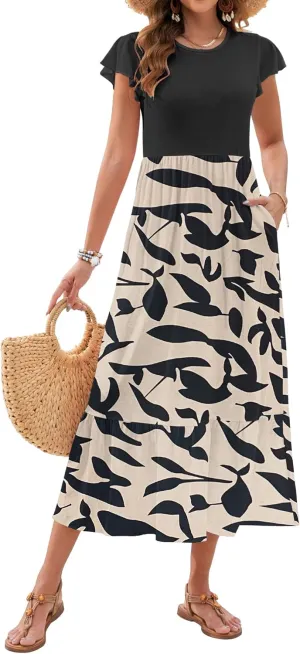 AUSELILY Womens Summer Maxi Dresses 2025 Casual Ruffle Sleeve Crewneck Loose Flowy Tiered Beach Sundress with Pockets