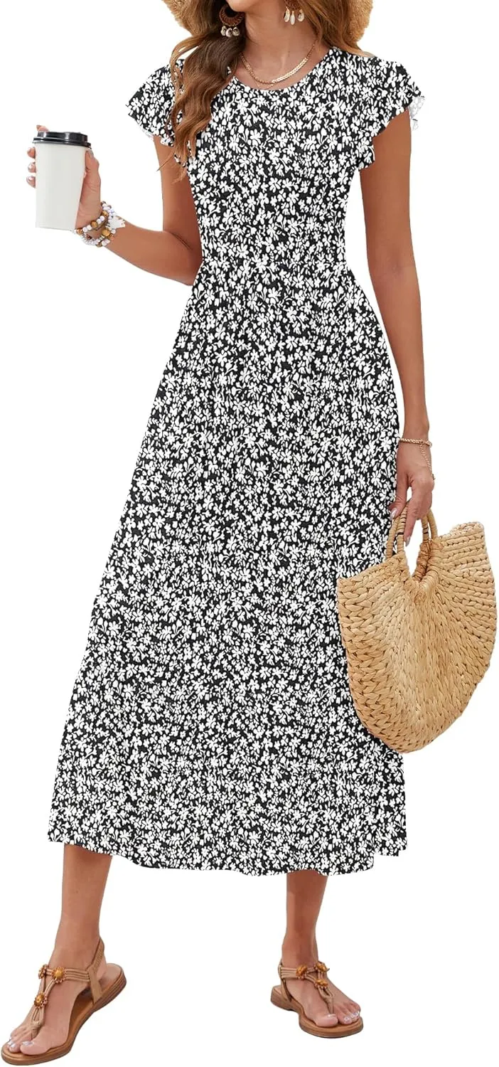 AUSELILY Womens Summer Maxi Dresses 2025 Casual Ruffle Sleeve Crewneck Loose Flowy Tiered Beach Sundress with Pockets