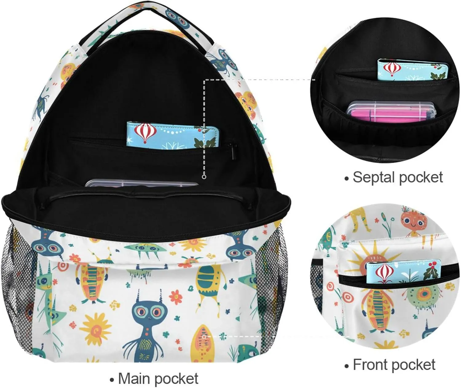Backpacks for Teacher Nurse Fashion Travel Laptop Backpack with Chest Strap Gift Men & Women Cartoon Funny Aliens White